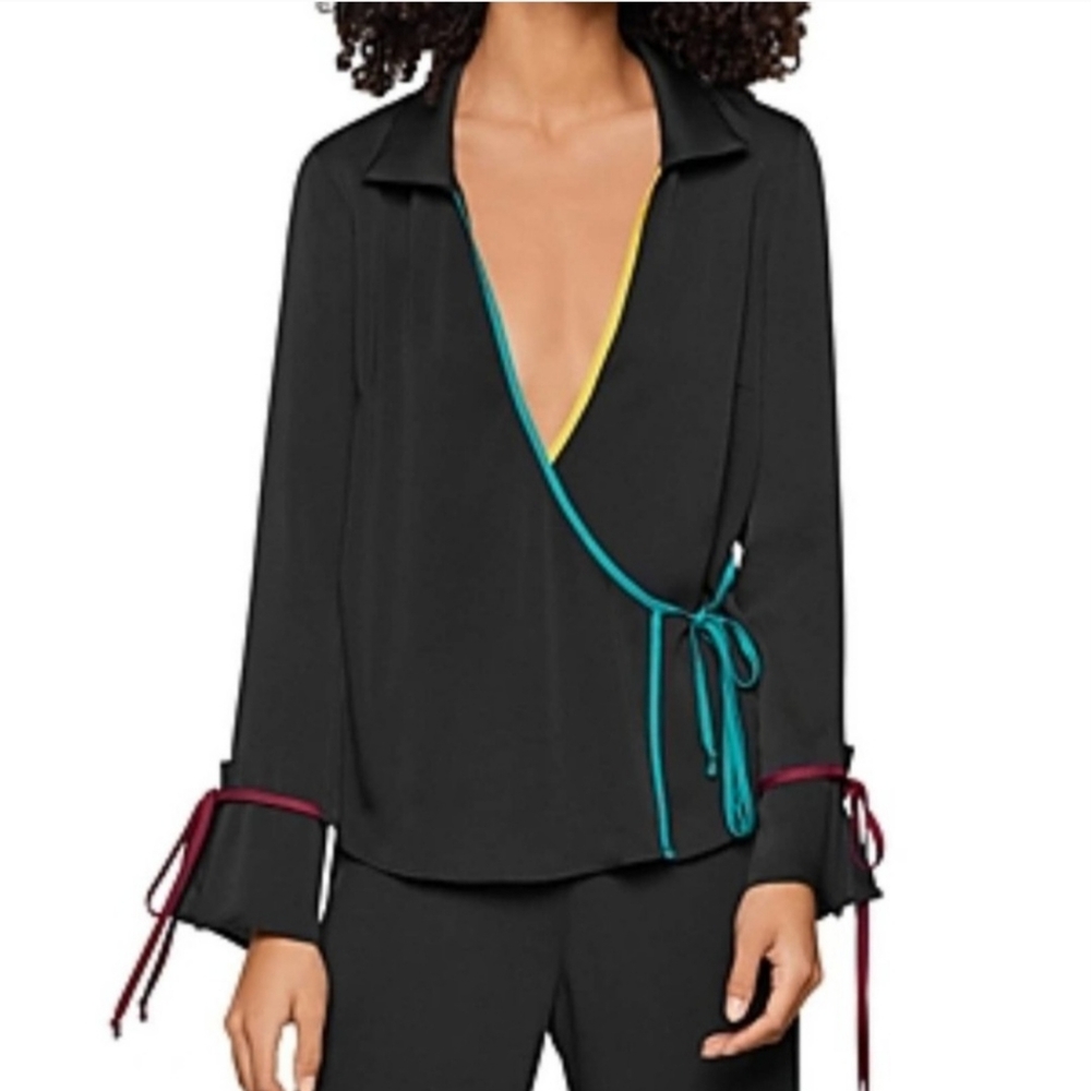 BCBGeneration, contrast trim, wrap blouse, NWOT